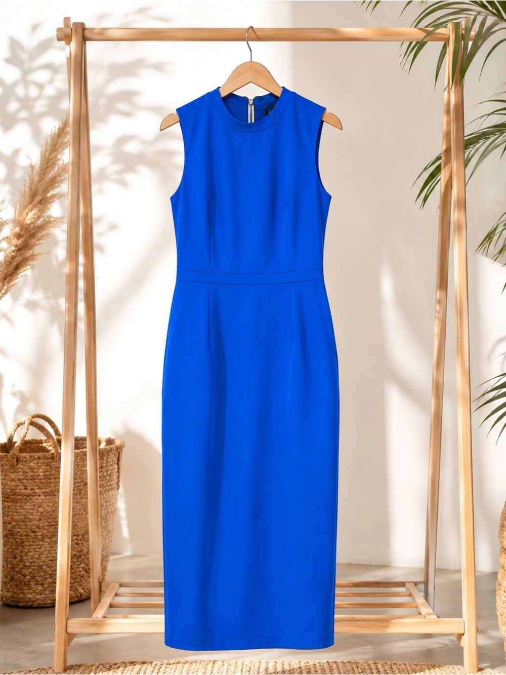 Calvin Klein Royal Blue Sleeves Midi Sheath Dress-Elegant Career Cocktail Dress - Picture 4 of 5